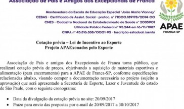 Cota&ccedil;&atilde;o pr&eacute;via &ndash; Lei de Incentivo ao Esporte Projeto APAExonados pelo Esporte